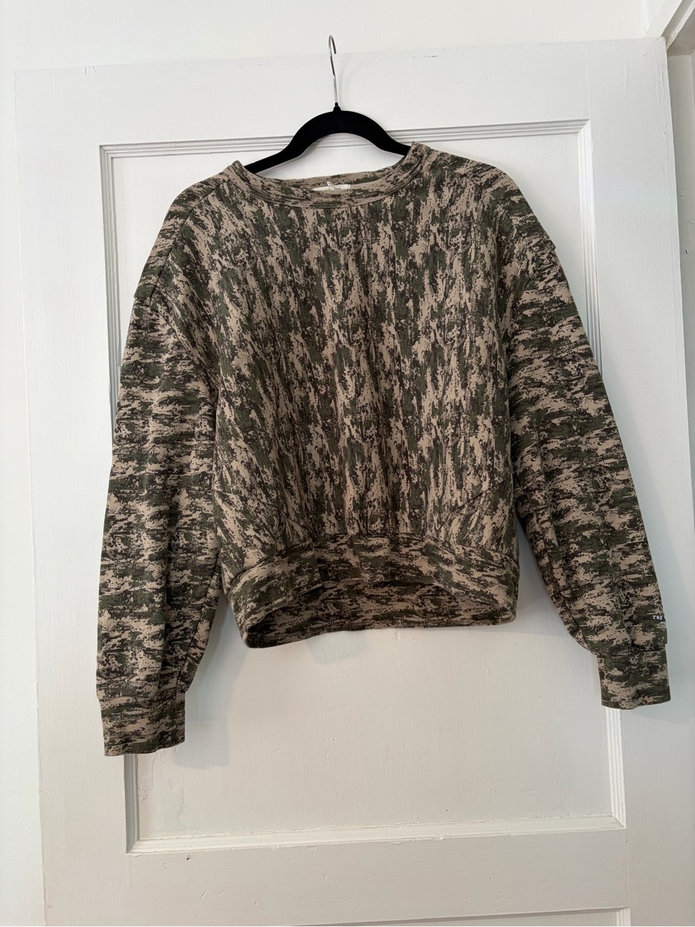 rag & bone Olive and Beige Camo Cropped Crewneck Sweatshirt